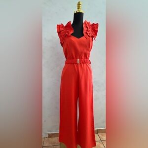 Red Ruffle-Sleeve Wide-Leg Jumpsuit